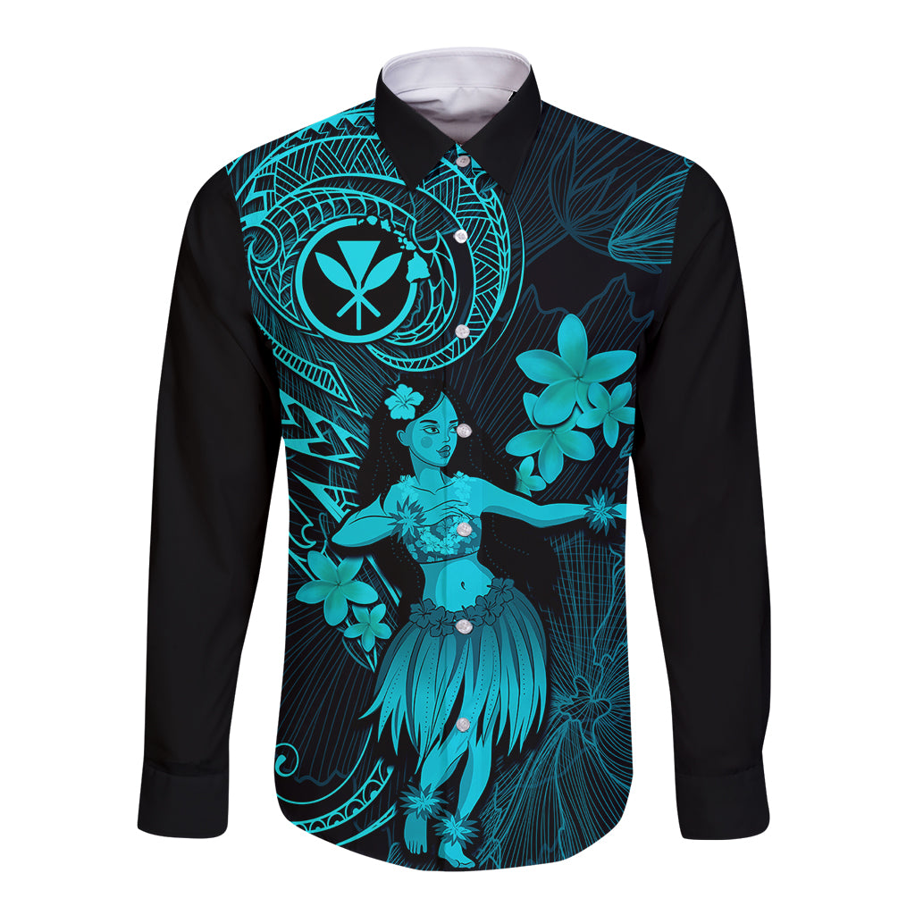 Hawaii Long Sleeve Button Shirt Hula Girl Mix Polynesian Plumeria Turquoise Version - Wonder Print Shop