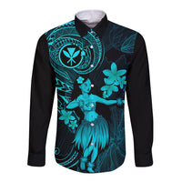 Hawaii Long Sleeve Button Shirt Hula Girl Mix Polynesian Plumeria Turquoise Version - Wonder Print Shop