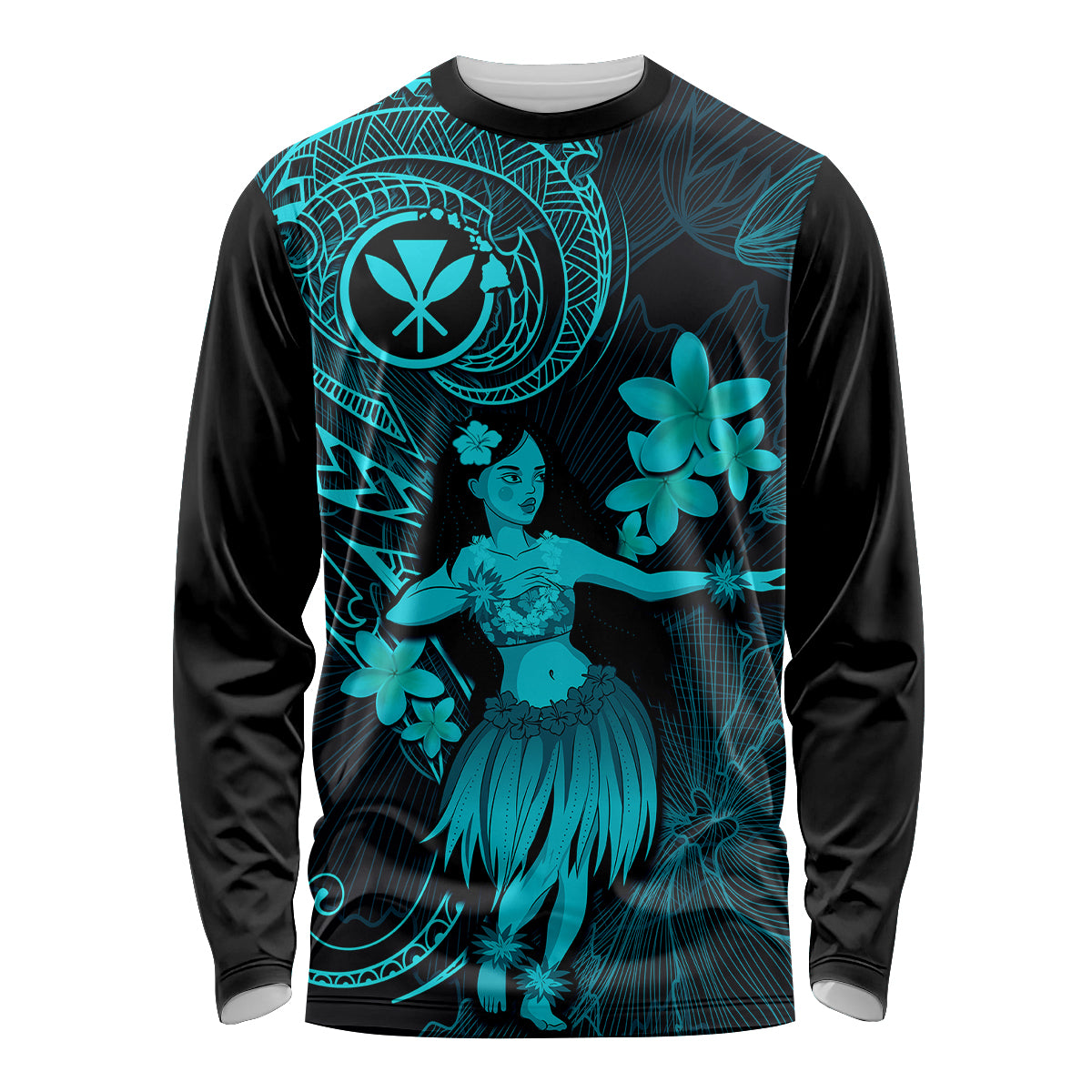 Hawaii Long Sleeve Shirt Hula Girl Mix Polynesian Plumeria Turquoise Version - Wonder Print Shop