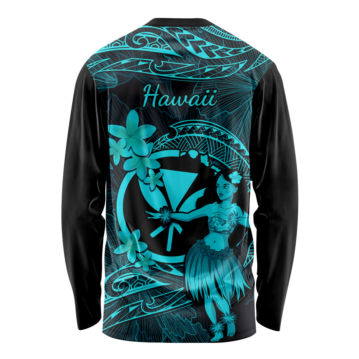 Hawaii Long Sleeve Shirt Hula Girl Mix Polynesian Plumeria Turquoise Version - Wonder Print Shop
