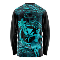 Hawaii Long Sleeve Shirt Hula Girl Mix Polynesian Plumeria Turquoise Version - Wonder Print Shop