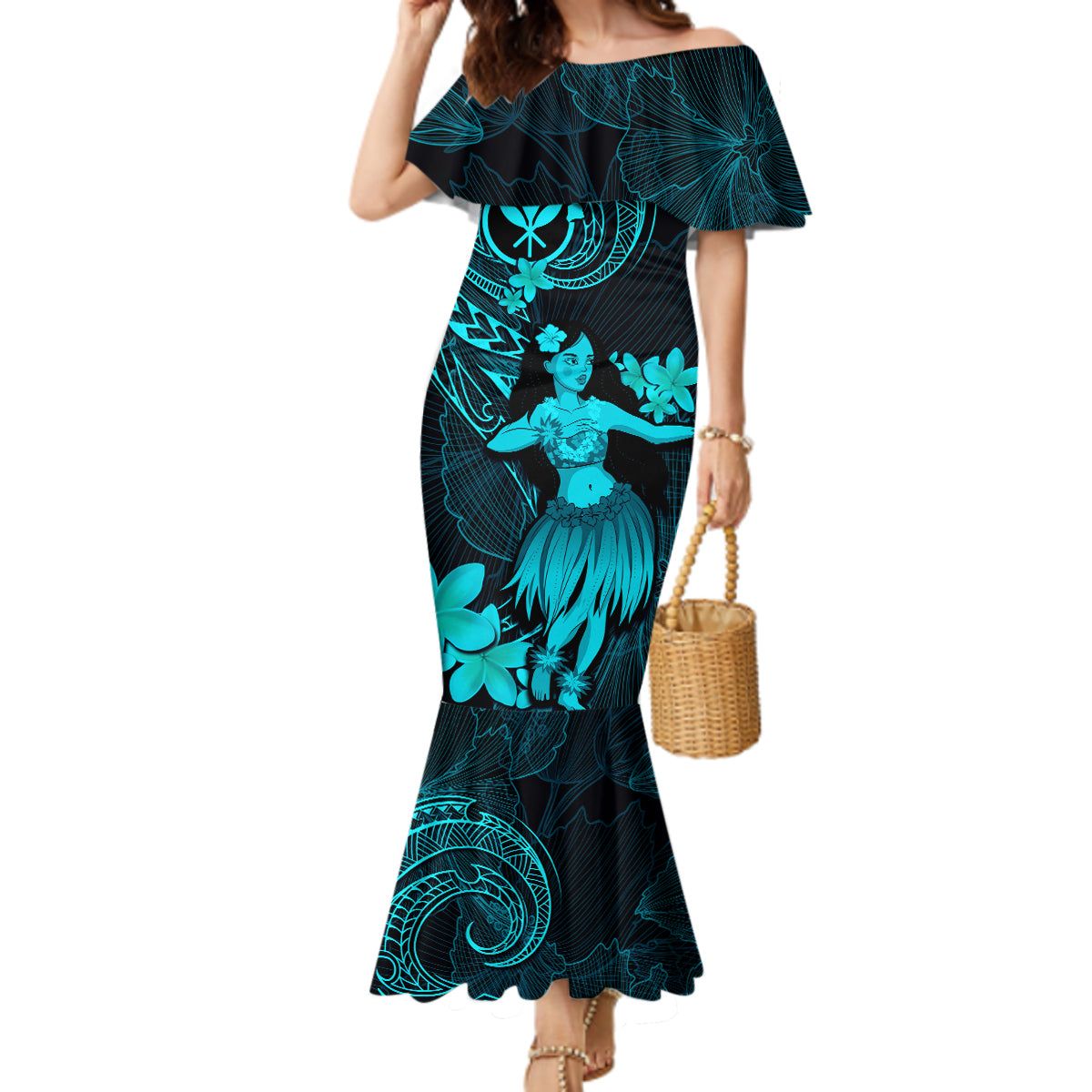 Hawaii Mermaid Dress Hula Girl Mix Polynesian Plumeria Turquoise Version - Wonder Print Shop