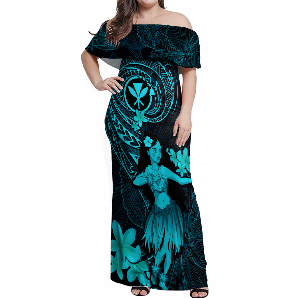 Hawaii Off Shoulder Maxi Dress Hula Girl Mix Polynesian Plumeria Turquoise Version - Wonder Print Shop