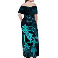 Hawaii Off Shoulder Maxi Dress Hula Girl Mix Polynesian Plumeria Turquoise Version - Wonder Print Shop