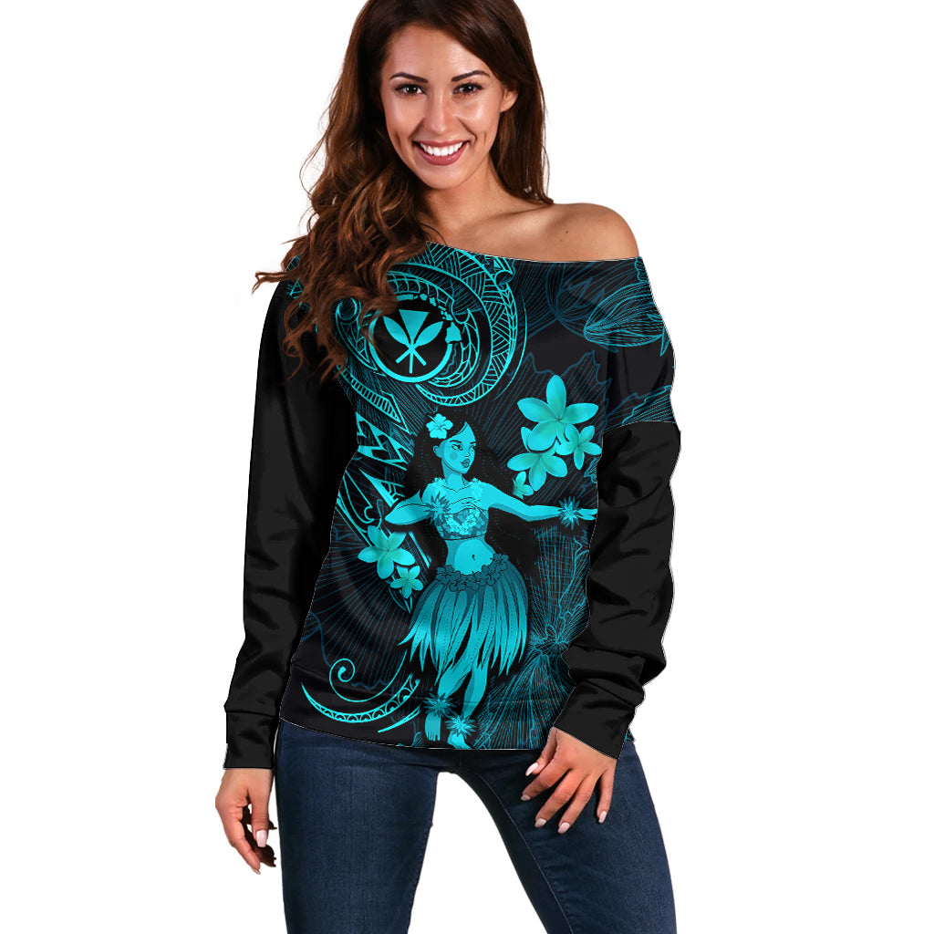 Hawaii Off Shoulder Sweater Hula Girl Mix Polynesian Plumeria Turquoise Version - Wonder Print Shop