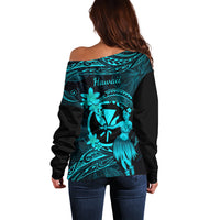 Hawaii Off Shoulder Sweater Hula Girl Mix Polynesian Plumeria Turquoise Version - Wonder Print Shop