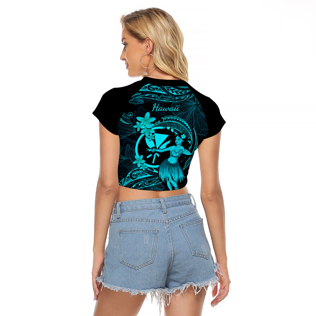 Hawaii Raglan Cropped T Shirt Hula Girl Mix Polynesian Plumeria Turquoise Version - Wonder Print Shop