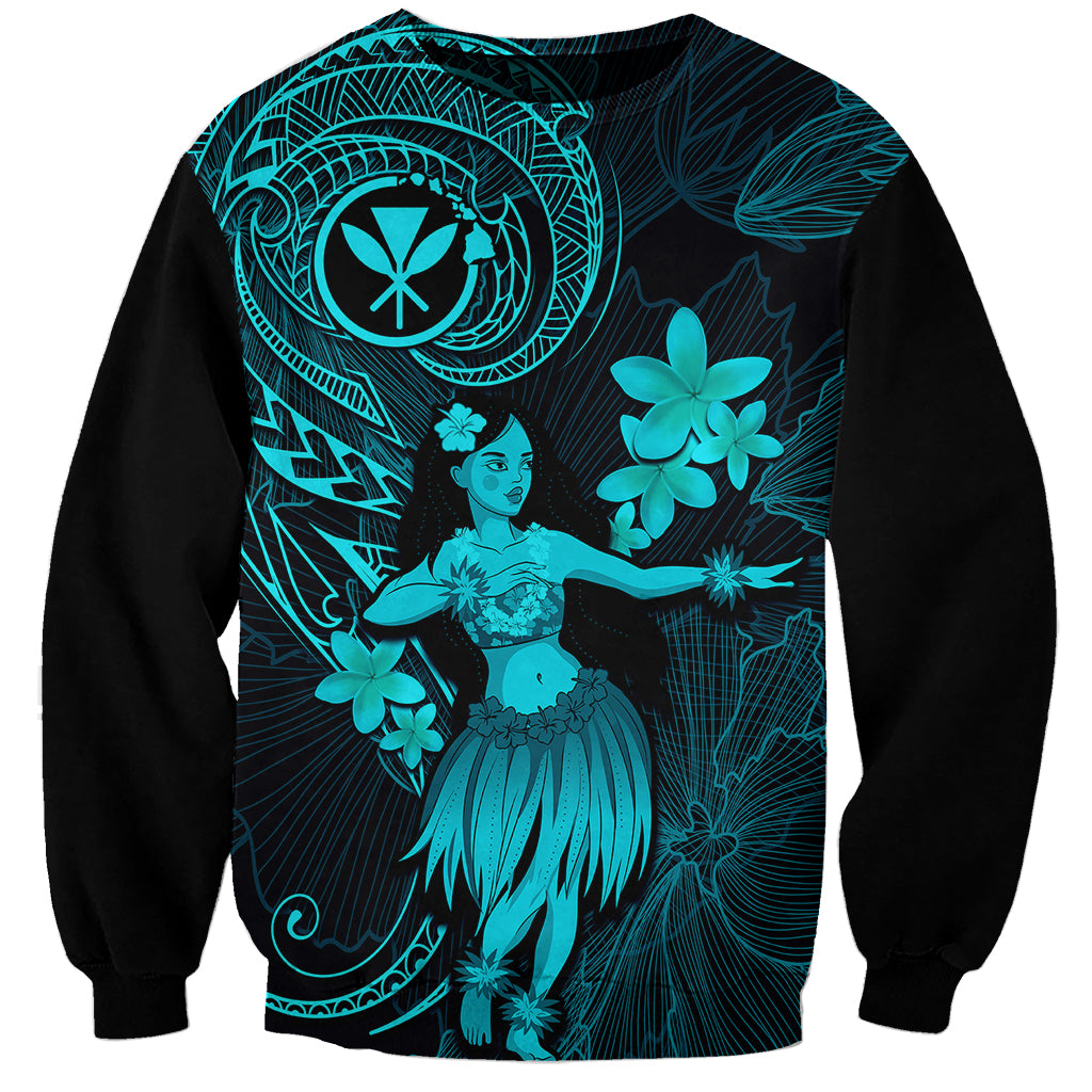 Hawaii Sweatshirt Hula Girl Mix Polynesian Plumeria Turquoise Version - Wonder Print Shop