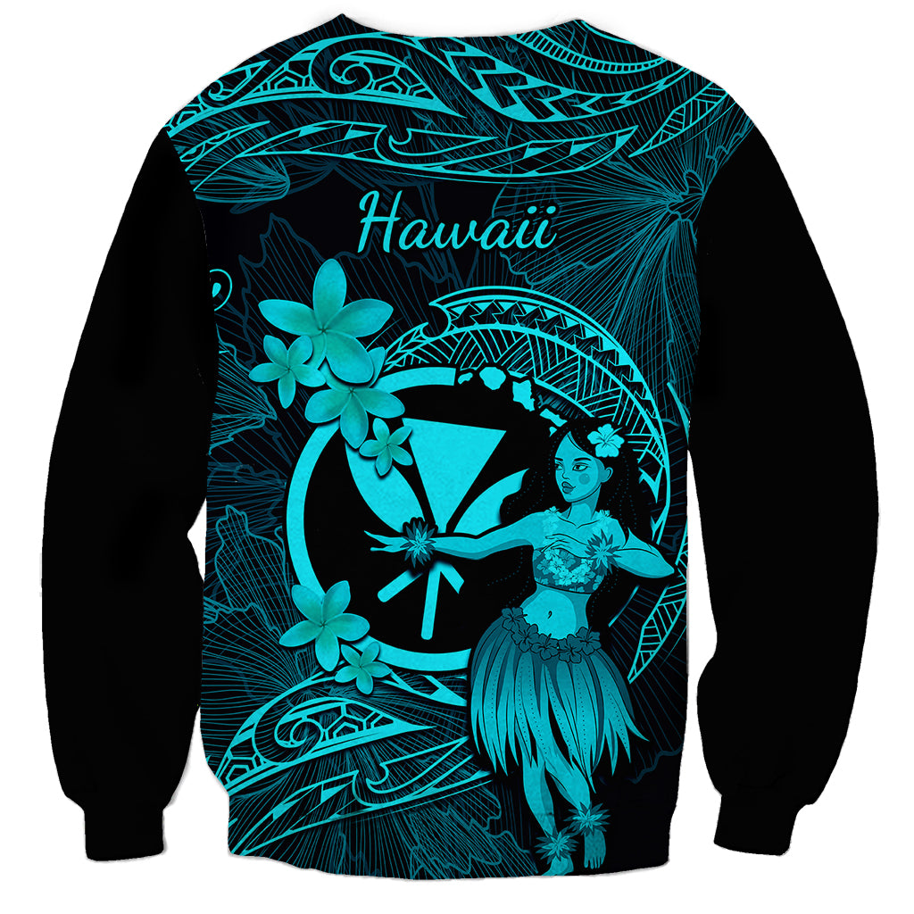 Hawaii Sweatshirt Hula Girl Mix Polynesian Plumeria Turquoise Version - Wonder Print Shop
