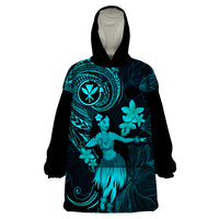Hawaii Wearable Blanket Hoodie Hula Girl Mix Polynesian Plumeria Turquoise Version - Wonder Print Shop