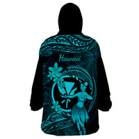 Hawaii Wearable Blanket Hoodie Hula Girl Mix Polynesian Plumeria Turquoise Version - Wonder Print Shop