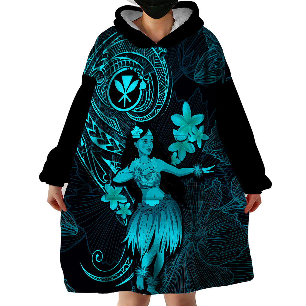 Hawaii Wearable Blanket Hoodie Hula Girl Mix Polynesian Plumeria Turquoise Version - Wonder Print Shop