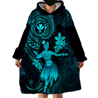 Hawaii Wearable Blanket Hoodie Hula Girl Mix Polynesian Plumeria Turquoise Version - Wonder Print Shop