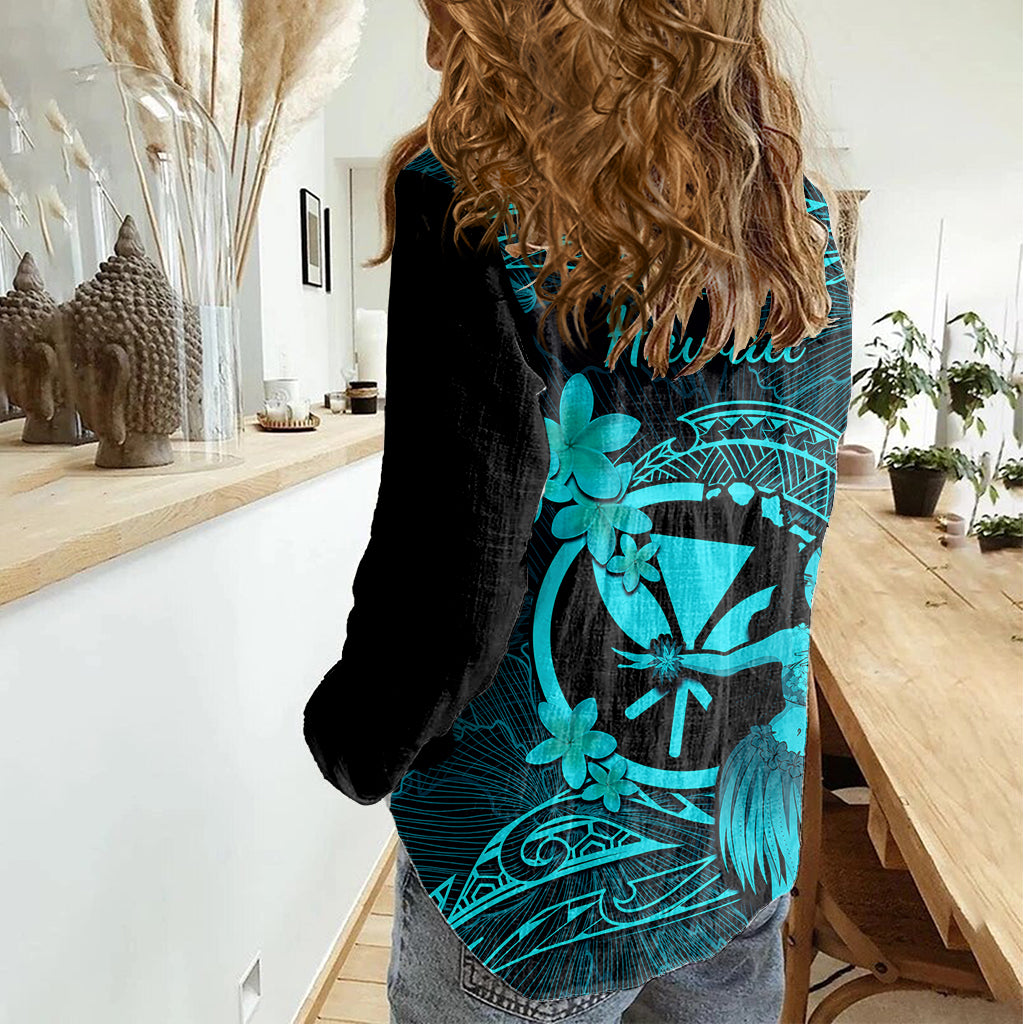 Hawaii Women Casual Shirt Hula Girl Mix Polynesian Plumeria Turquoise Version - Wonder Print Shop