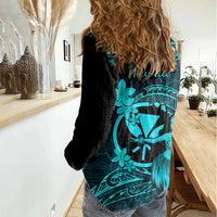 Hawaii Women Casual Shirt Hula Girl Mix Polynesian Plumeria Turquoise Version - Wonder Print Shop