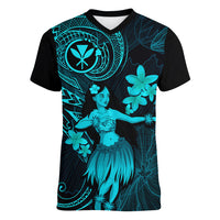 Hawaii Women V Neck T Shirt Hula Girl Mix Polynesian Plumeria Turquoise Version - Wonder Print Shop