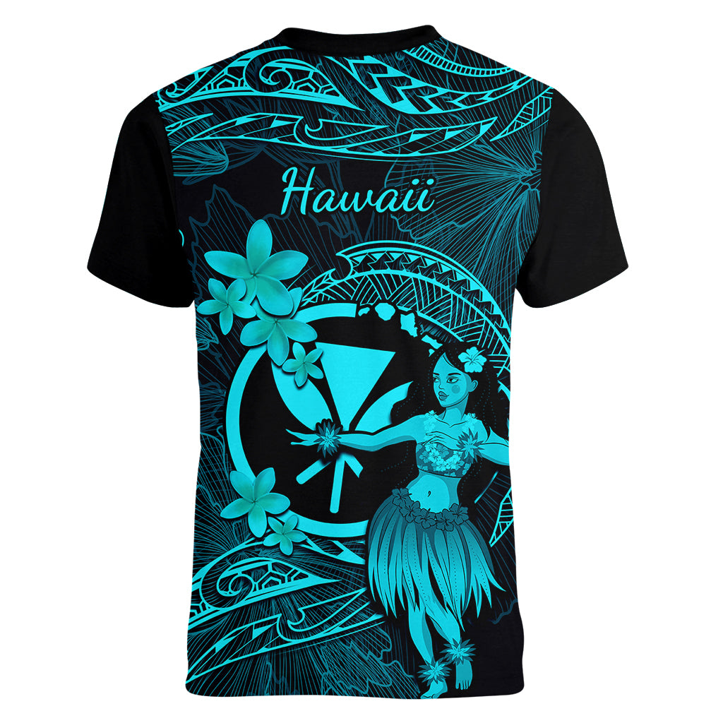 Hawaii Women V Neck T Shirt Hula Girl Mix Polynesian Plumeria Turquoise Version - Wonder Print Shop