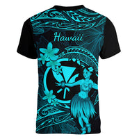 Hawaii Women V Neck T Shirt Hula Girl Mix Polynesian Plumeria Turquoise Version - Wonder Print Shop