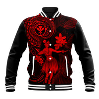 Hawaii Baseball Jacket Hula Girl Mix Polynesian Plumeria Red Version - Wonder Print Shop