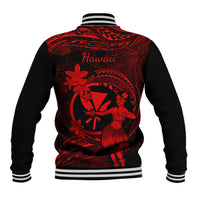 Hawaii Baseball Jacket Hula Girl Mix Polynesian Plumeria Red Version - Wonder Print Shop