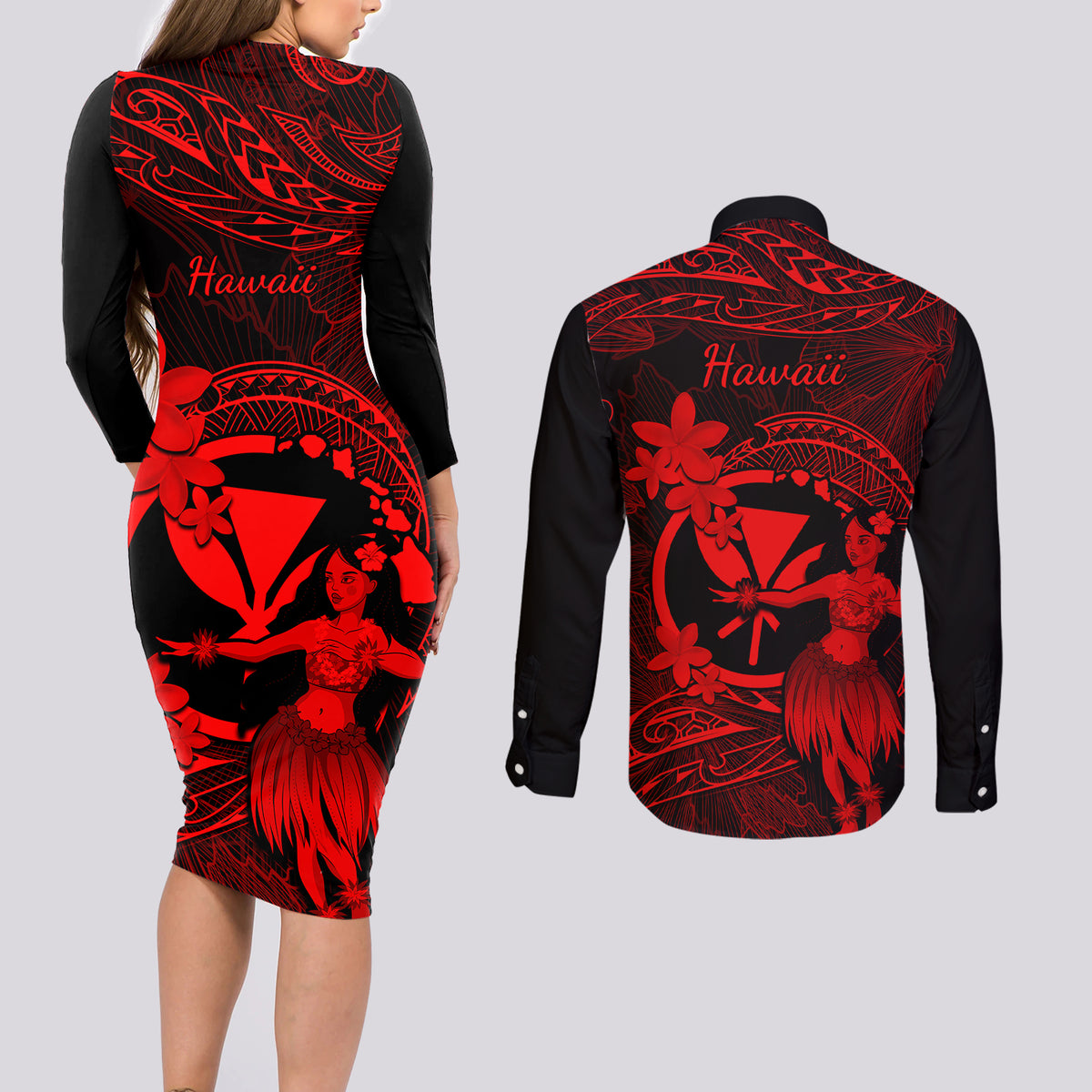 Hawaii Couples Matching Long Sleeve Bodycon Dress and Long Sleeve Button Shirts Hula Girl Mix Polynesian Plumeria Red Version - Wonder Print Shop