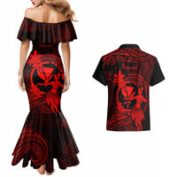 Hawaii Couples Matching Mermaid Dress and Hawaiian Shirt Hula Girl Mix Polynesian Plumeria Red Version - Wonder Print Shop
