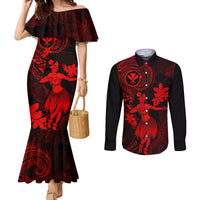 hawaii-couples-matching-mermaid-dress-and-long-sleeve-button-shirts-hula-girl-mix-polynesian-plumeria-red-version