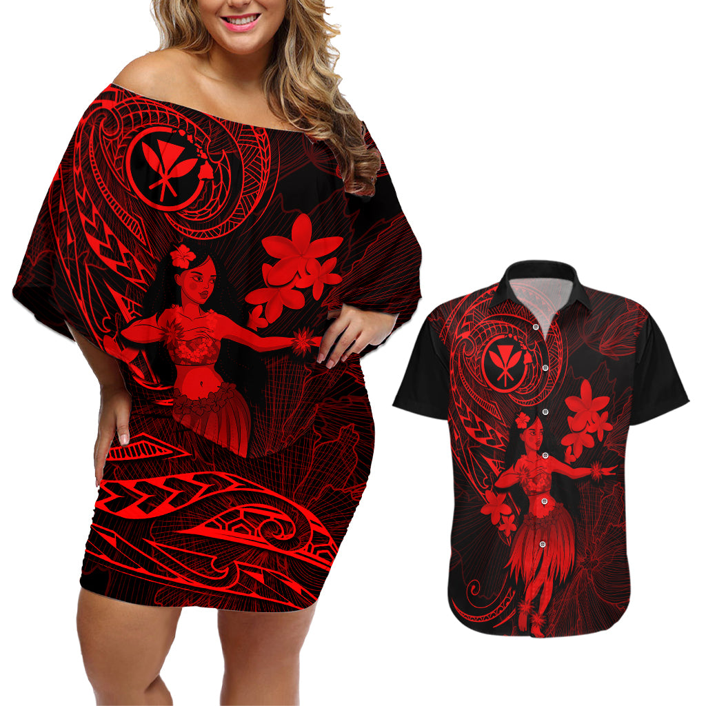 Hawaii Couples Matching Off Shoulder Short Dress and Hawaiian Shirt Hula Girl Mix Polynesian Plumeria Red Version - Wonder Print Shop