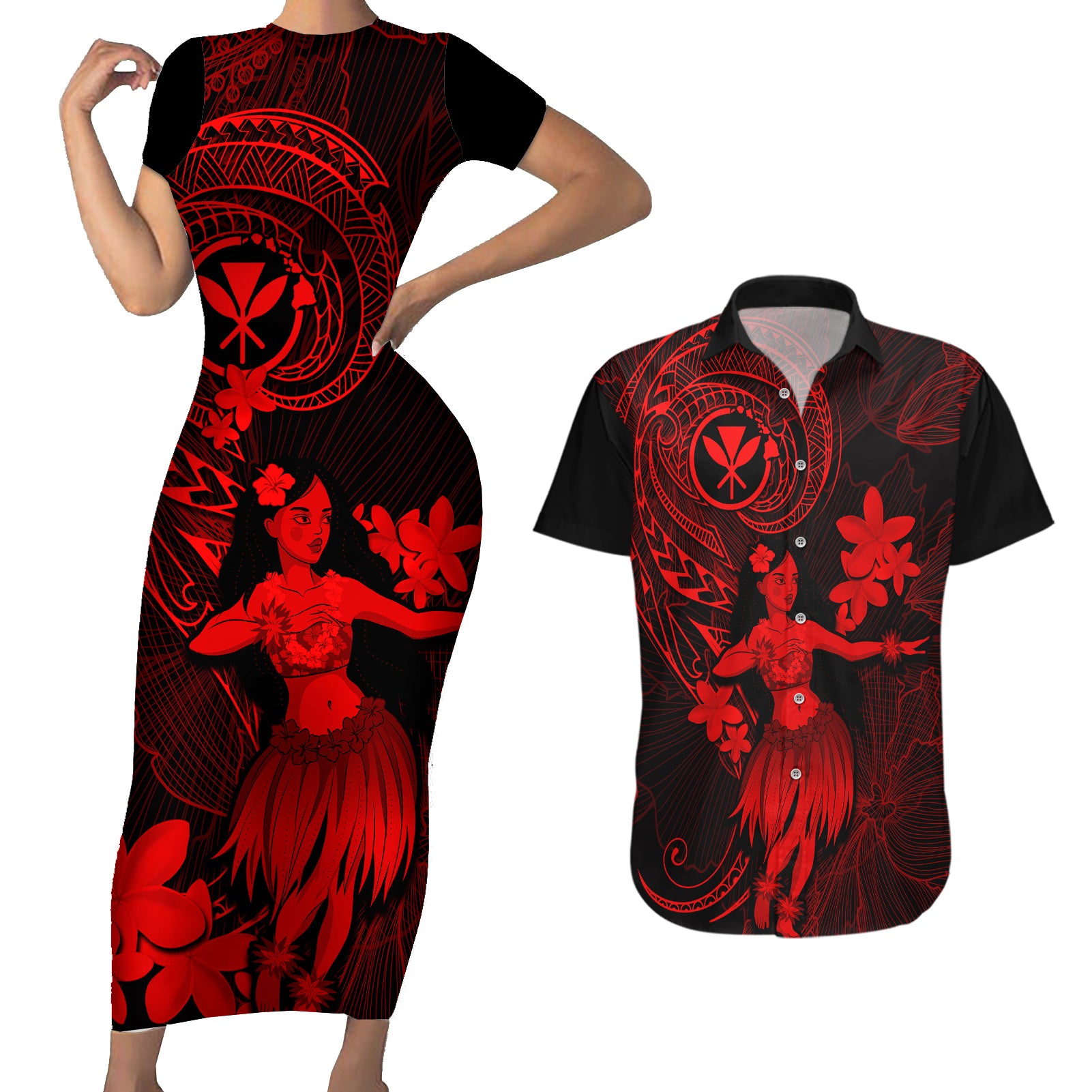 Hawaii Couples Matching Short Sleeve Bodycon Dress and Hawaiian Shirt Hula Girl Mix Polynesian Plumeria Red Version - Wonder Print Shop