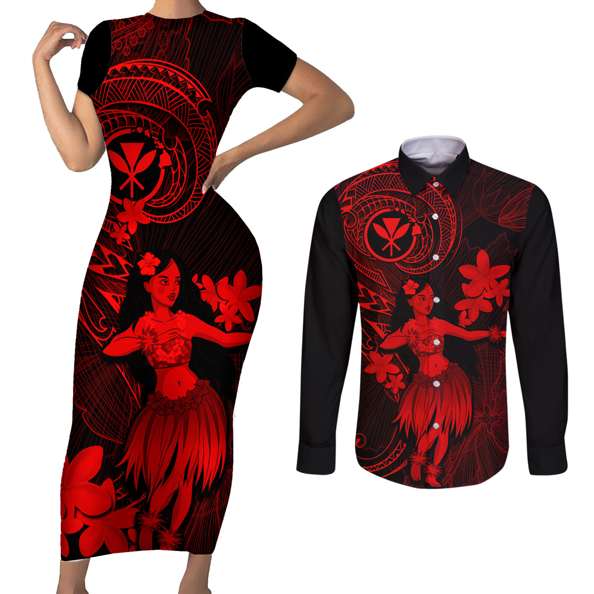 Hawaii Couples Matching Short Sleeve Bodycon Dress and Long Sleeve Button Shirts Hula Girl Mix Polynesian Plumeria Red Version - Wonder Print Shop