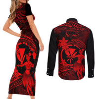 Hawaii Couples Matching Short Sleeve Bodycon Dress and Long Sleeve Button Shirts Hula Girl Mix Polynesian Plumeria Red Version - Wonder Print Shop