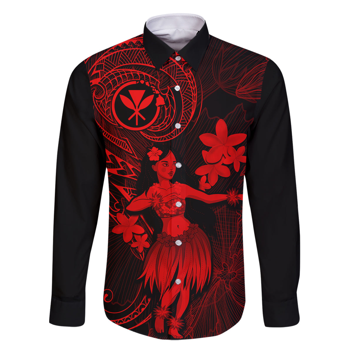 Hawaii Family Matching Long Sleeve Bodycon Dress and Hawaiian Shirt Hula Girl Mix Polynesian Plumeria Red Version - Wonder Print Shop