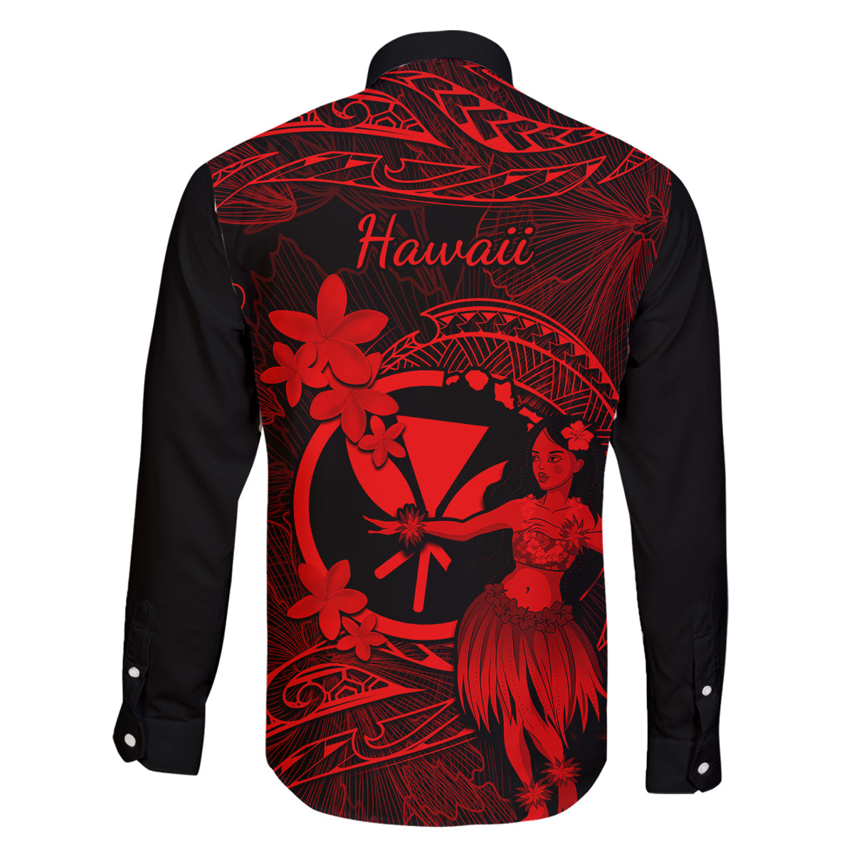 Hawaii Family Matching Off Shoulder Long Sleeve Dress and Hawaiian Shirt Hula Girl Mix Polynesian Plumeria Red Version - Wonder Print Shop