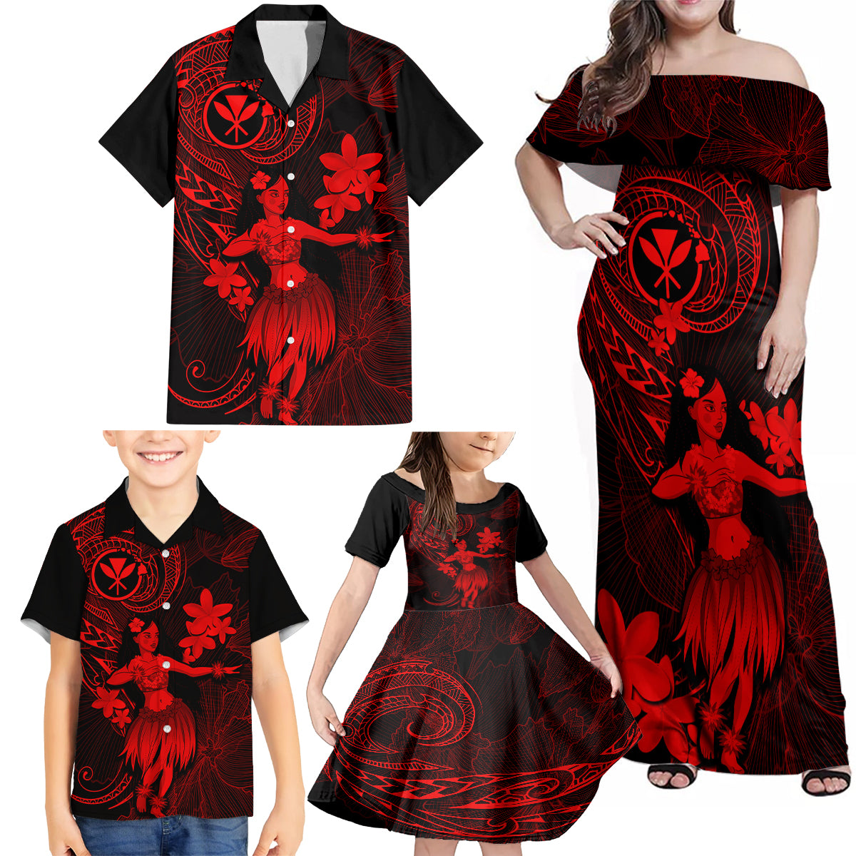 Hawaii Family Matching Off Shoulder Maxi Dress and Hawaiian Shirt Hula Girl Mix Polynesian Plumeria Red Version - Wonder Print Shop