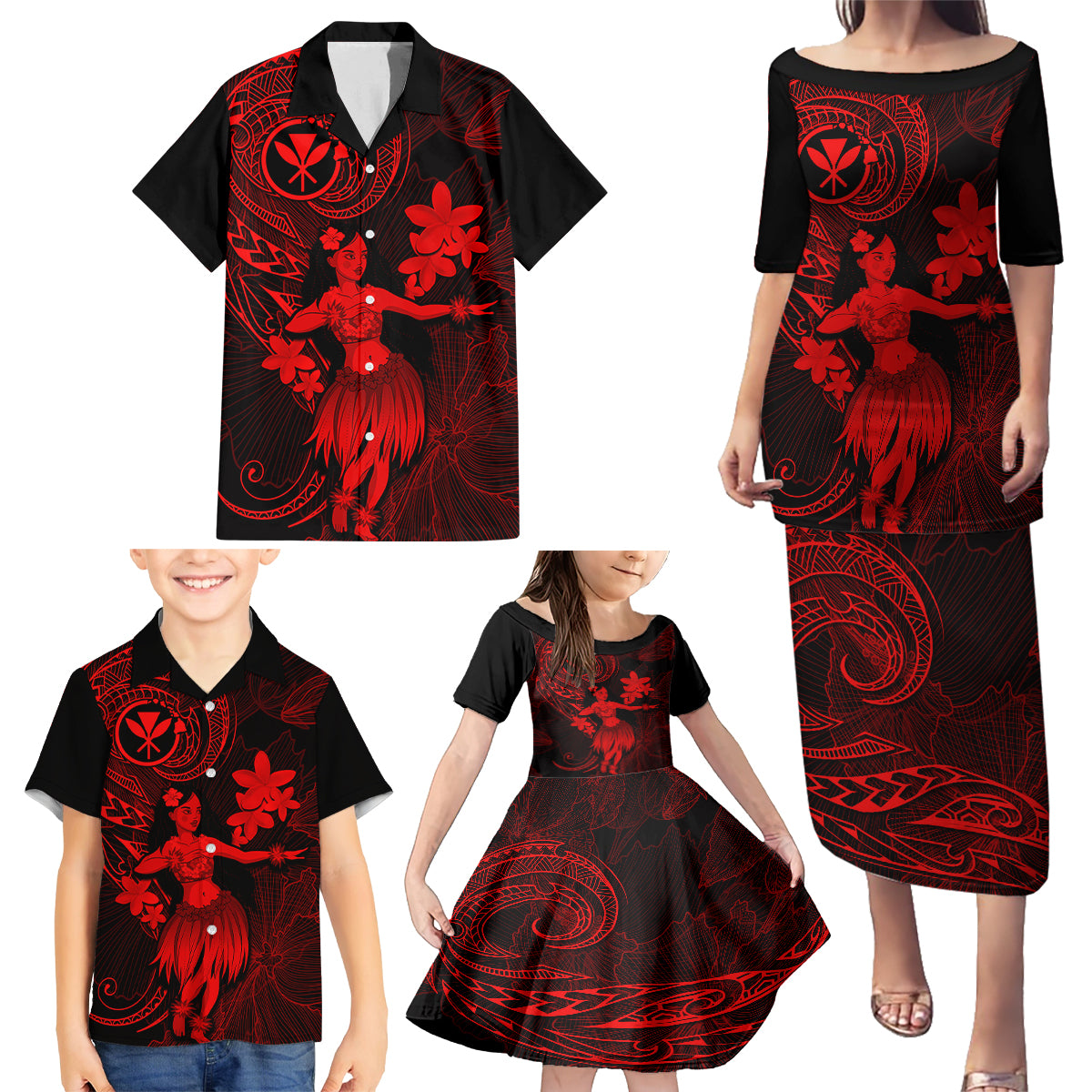 Hawaii Family Matching Puletasi Dress and Hawaiian Shirt Hula Girl Mix Polynesian Plumeria Red Version - Wonder Print Shop