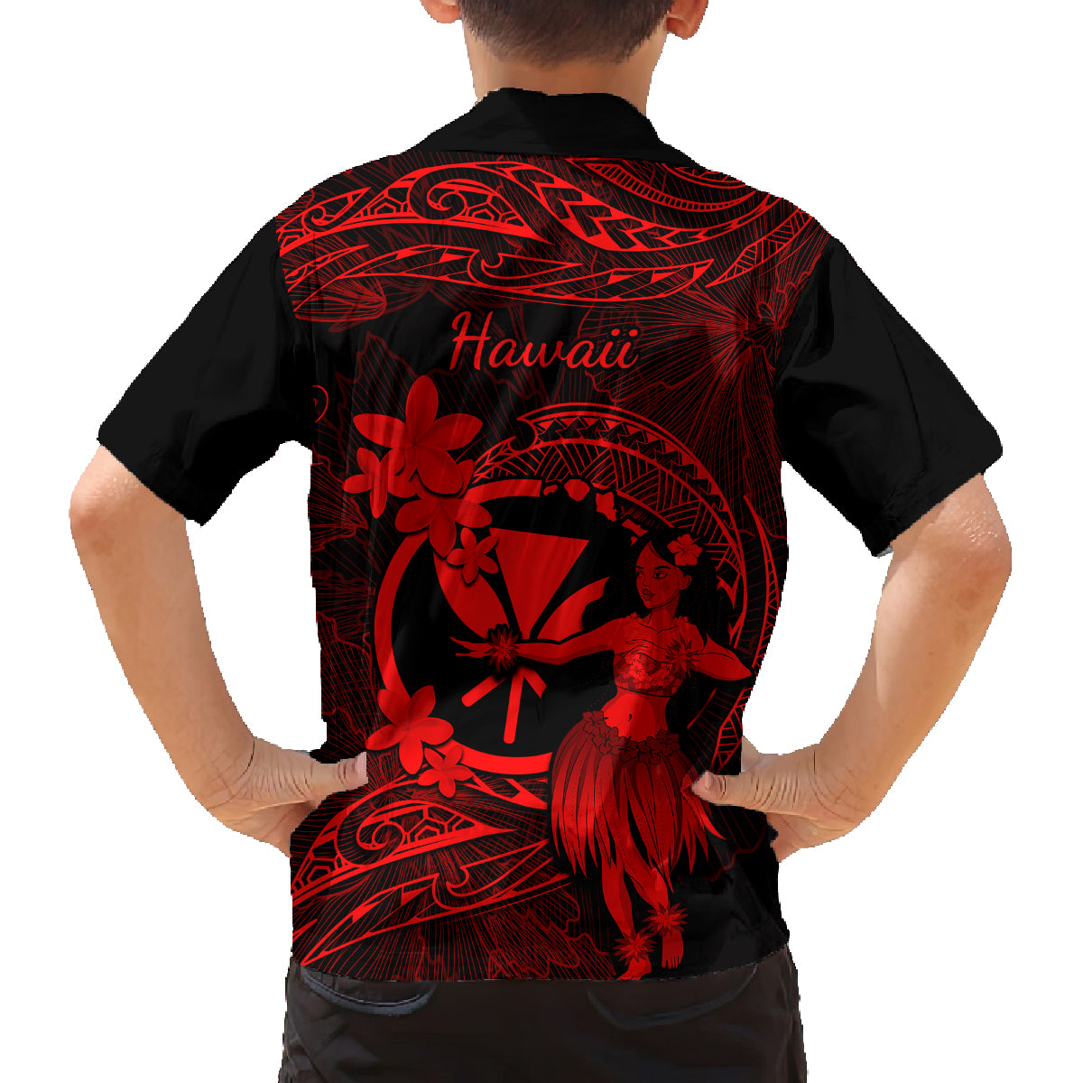 Hawaii Family Matching Short Sleeve Bodycon Dress and Hawaiian Shirt Hula Girl Mix Polynesian Plumeria Red Version - Wonder Print Shop
