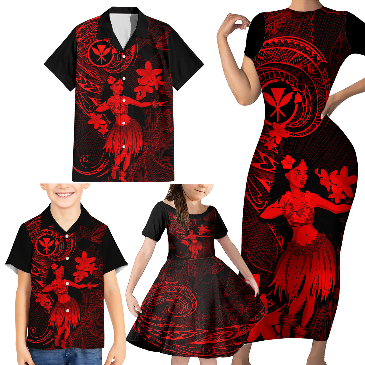 Hawaii Family Matching Short Sleeve Bodycon Dress and Hawaiian Shirt Hula Girl Mix Polynesian Plumeria Red Version - Wonder Print Shop