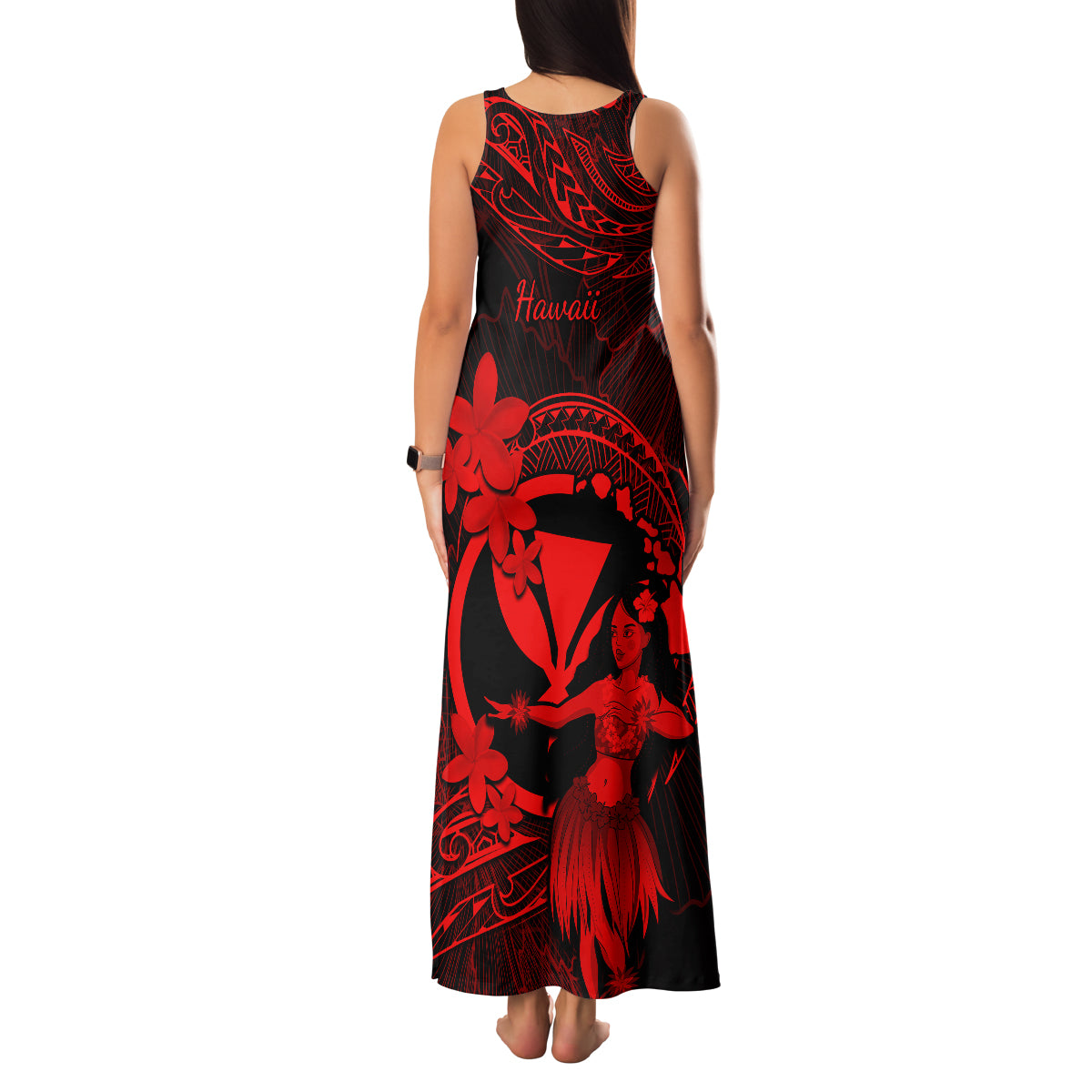 Hawaii Family Matching Tank Maxi Dress and Hawaiian Shirt Hula Girl Mix Polynesian Plumeria Red Version - Wonder Print Shop