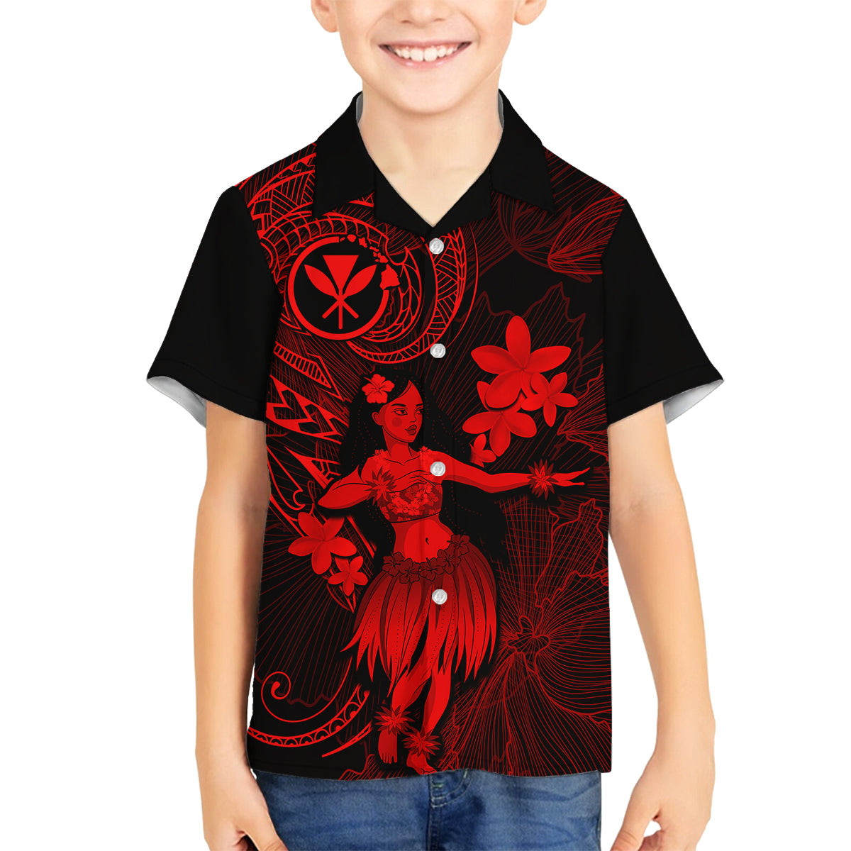 Hawaii Kid Hawaiian Shirt Hula Girl Mix Polynesian Plumeria Red Version - Wonder Print Shop