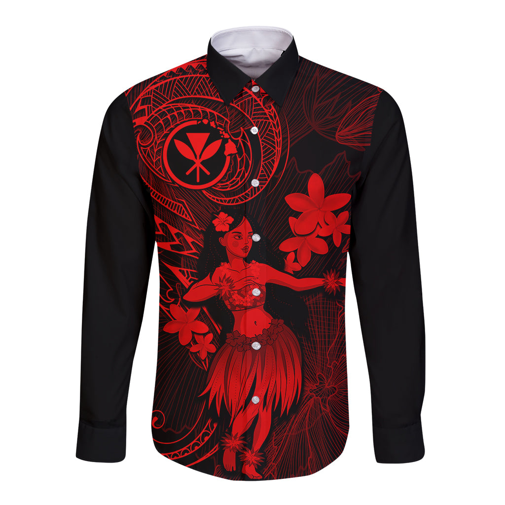 Hawaii Long Sleeve Button Shirt Hula Girl Mix Polynesian Plumeria Red Version - Wonder Print Shop