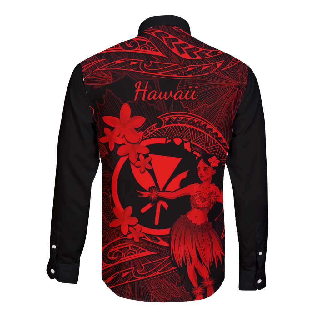Hawaii Long Sleeve Button Shirt Hula Girl Mix Polynesian Plumeria Red Version - Wonder Print Shop
