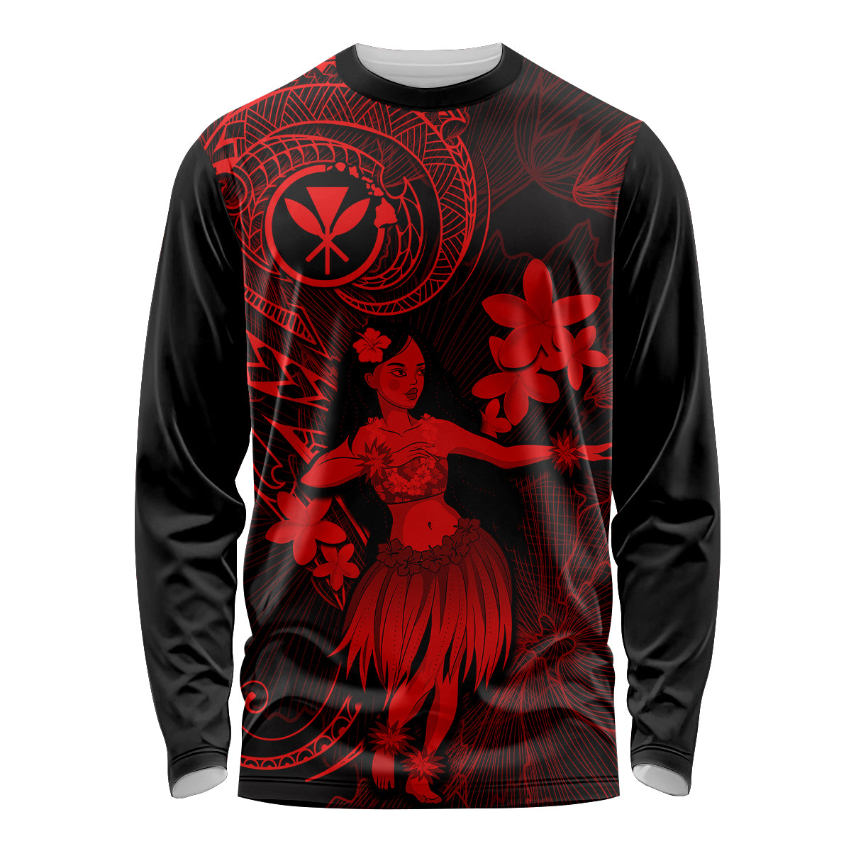 Hawaii Long Sleeve Shirt Hula Girl Mix Polynesian Plumeria Red Version - Wonder Print Shop