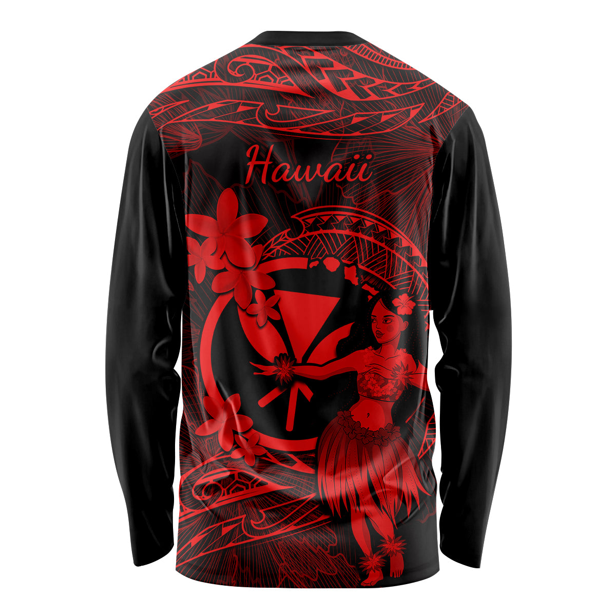 Hawaii Long Sleeve Shirt Hula Girl Mix Polynesian Plumeria Red Version - Wonder Print Shop