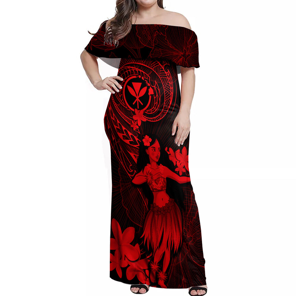 Hawaii Off Shoulder Maxi Dress Hula Girl Mix Polynesian Plumeria Red Version - Wonder Print Shop