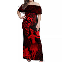 Hawaii Off Shoulder Maxi Dress Hula Girl Mix Polynesian Plumeria Red Version - Wonder Print Shop