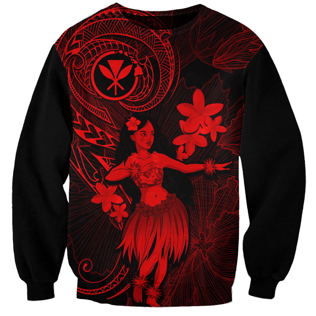 Hawaii Sweatshirt Hula Girl Mix Polynesian Plumeria Red Version - Wonder Print Shop