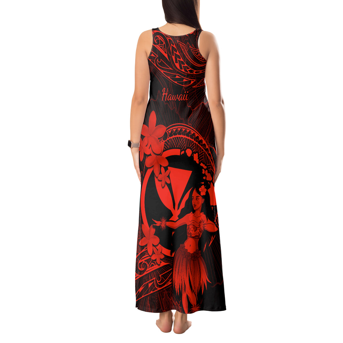 Hawaii Tank Maxi Dress Hula Girl Mix Polynesian Plumeria Red Version - Wonder Print Shop