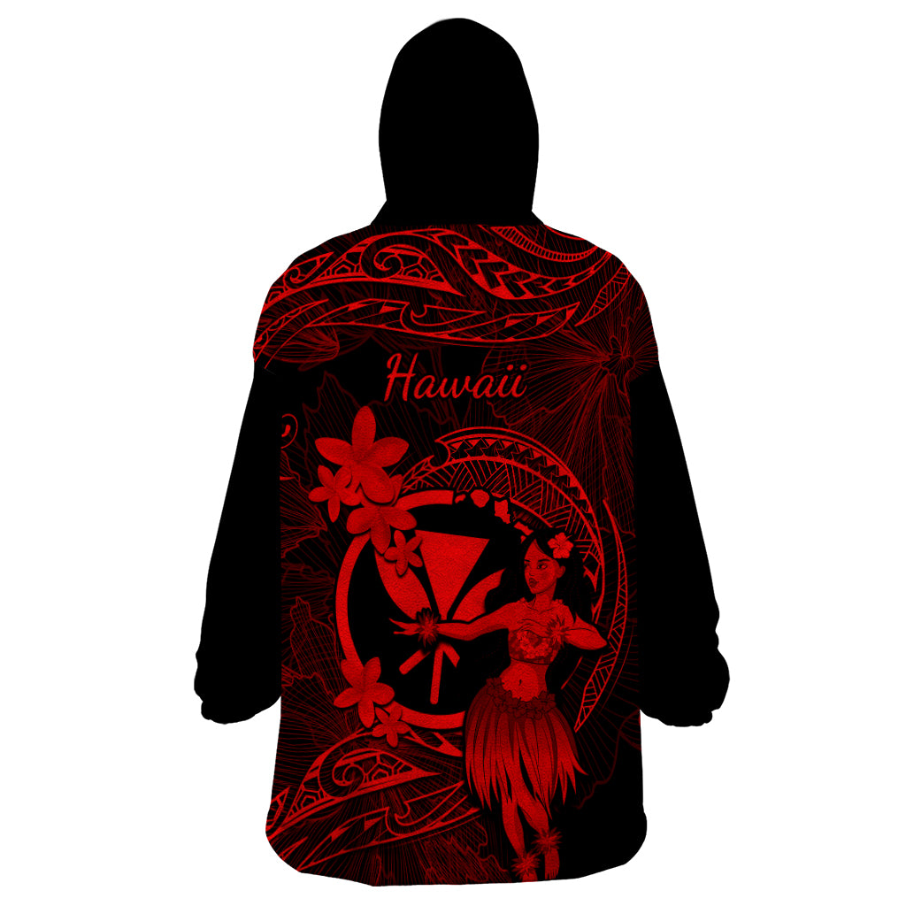 Hawaii Wearable Blanket Hoodie Hula Girl Mix Polynesian Plumeria Red Version - Wonder Print Shop