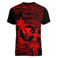 Hawaii Women V Neck T Shirt Hula Girl Mix Polynesian Plumeria Red Version - Wonder Print Shop