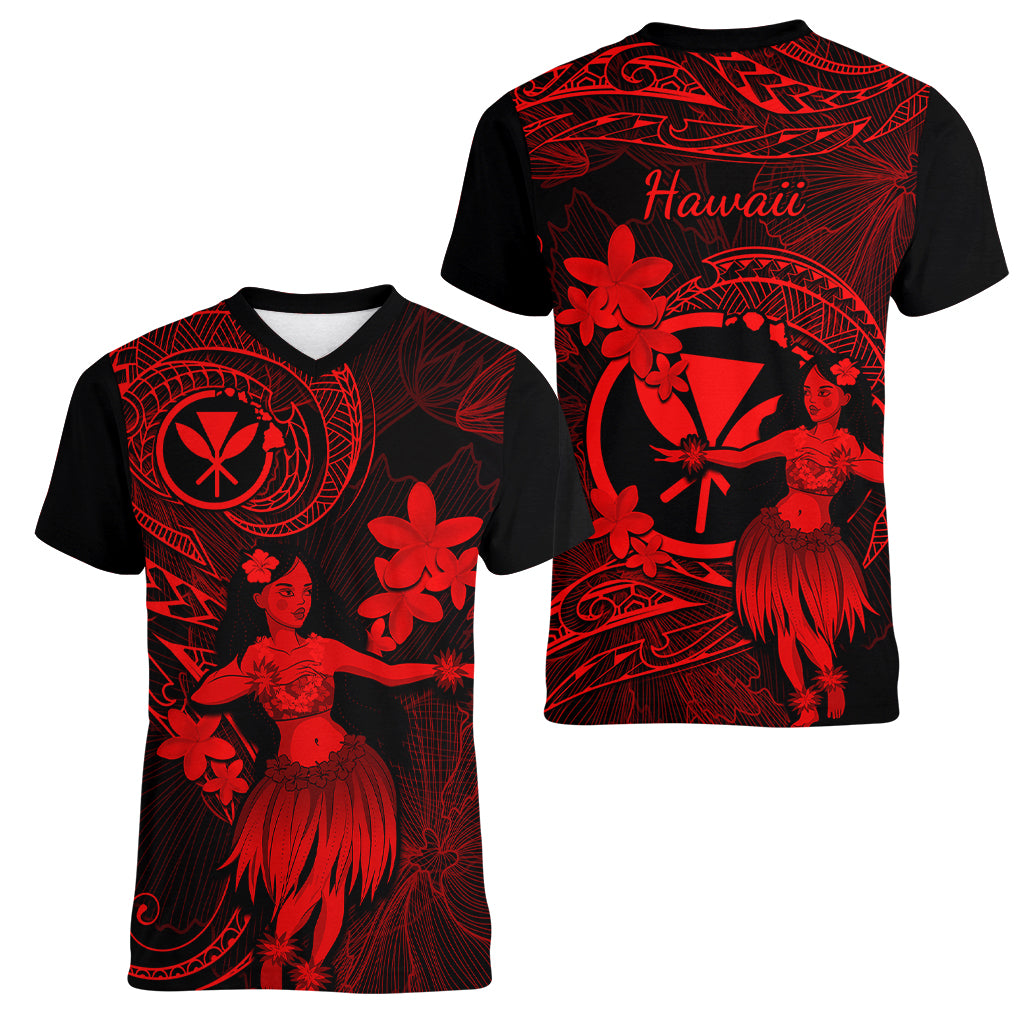 Hawaii Women V Neck T Shirt Hula Girl Mix Polynesian Plumeria Red Version - Wonder Print Shop